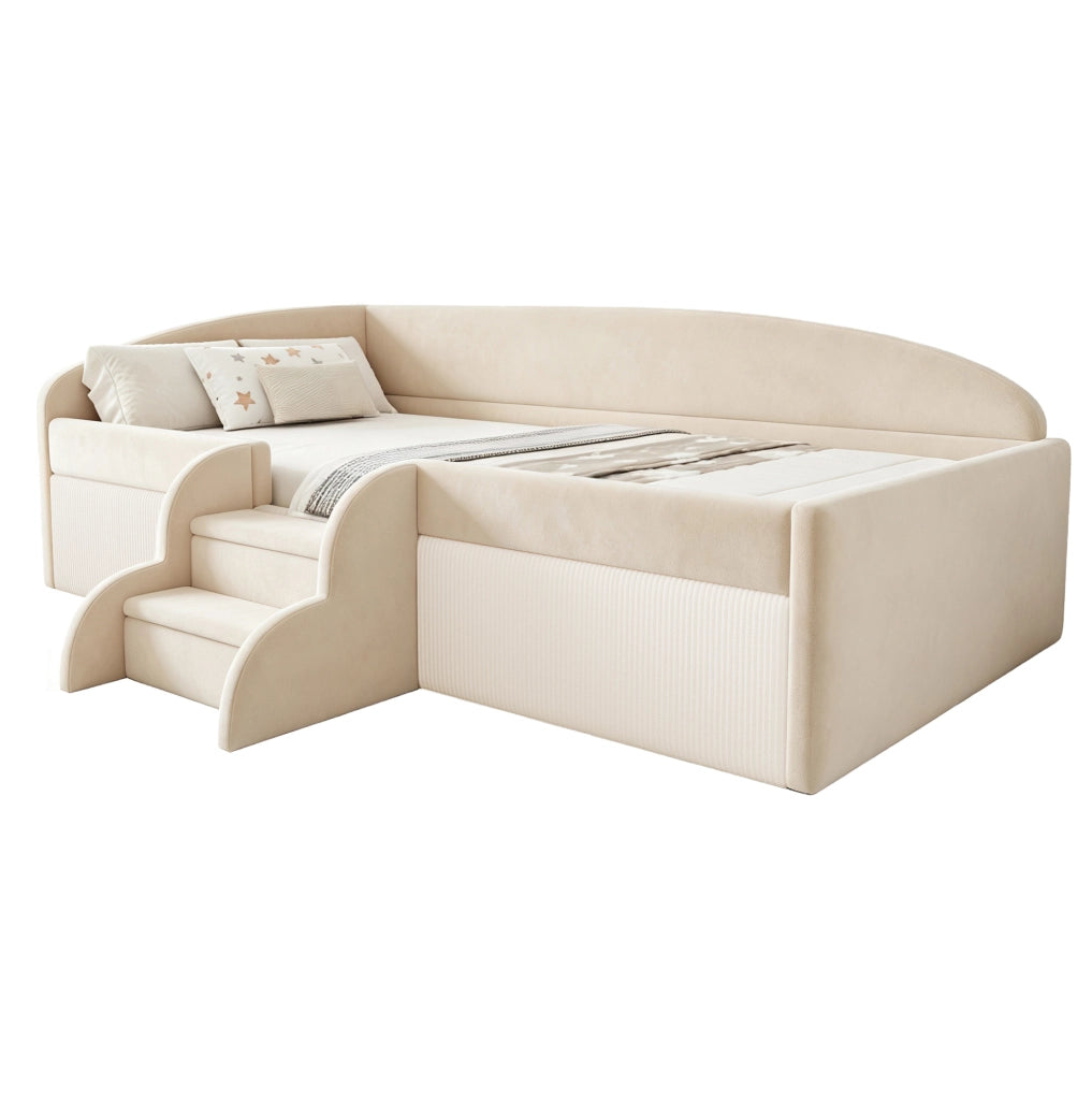Letto imbottito per bambini 90 x 190 cm con gradini e sponde; velluto beige