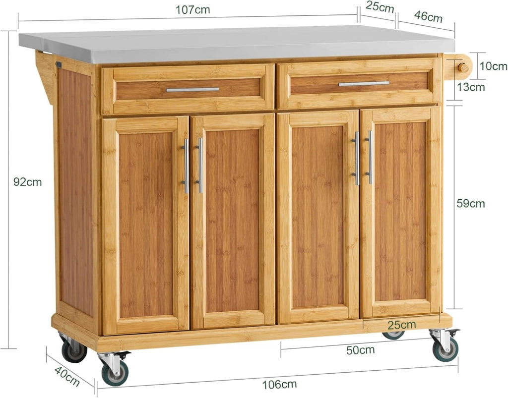 Carrello Cucina con Ruote Isola Cucina con Piano di Lavoro Estensibile, 2 Cassetti e Ripiani Regolabili Mobile Salvaspazio per Mobili da Cucina Naturale 115 x (46-71) x 92 cm FKW69-N