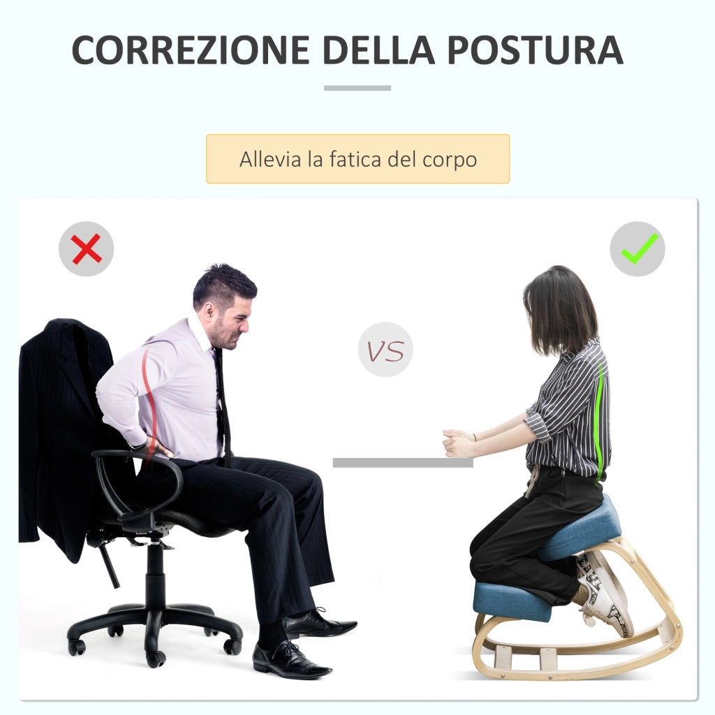 Sedia Ergonomica con Inginocchiatoio ¨C Xylo ¨C Legno Betulla, Cuscino Blu, 51x69x58cm