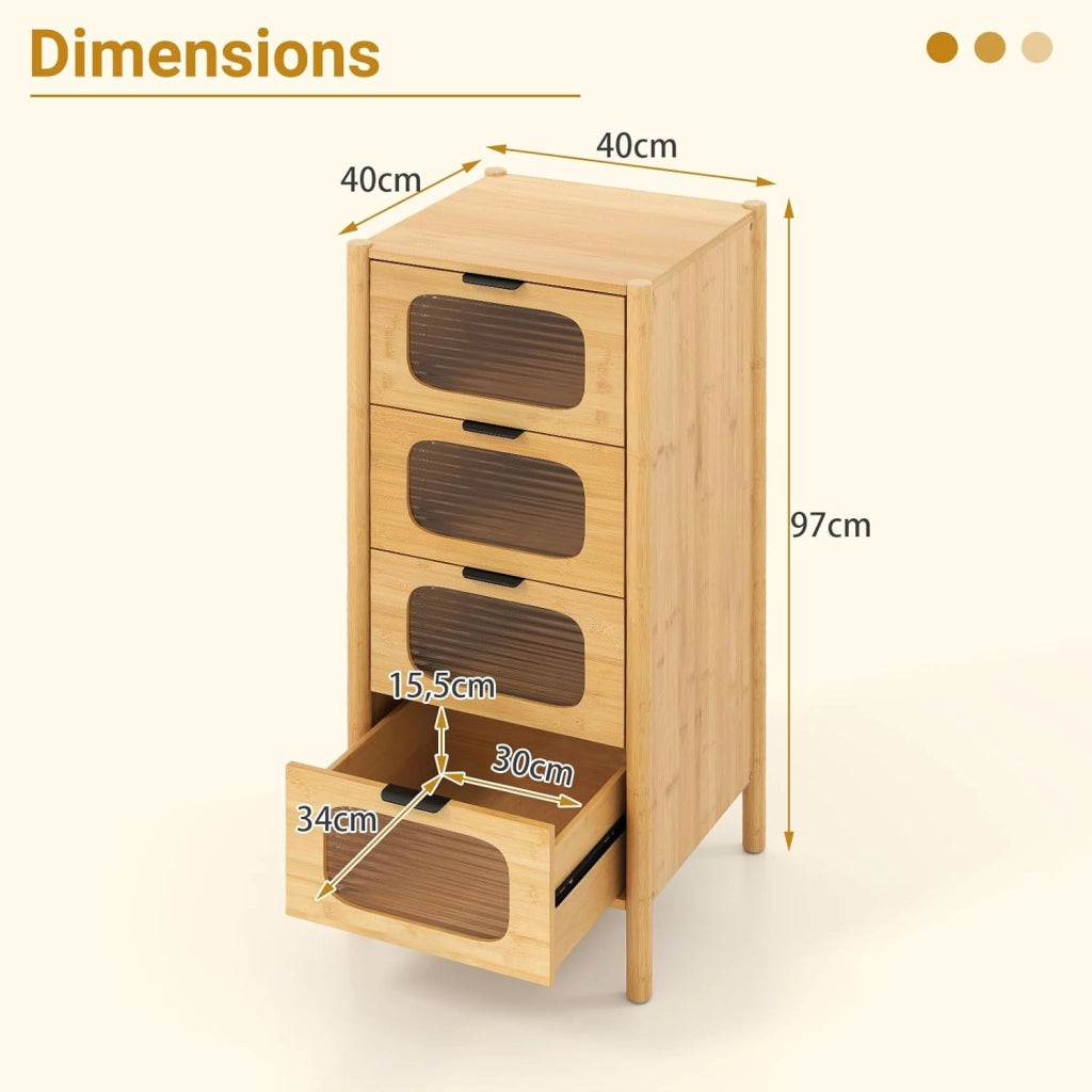 Cassettiera a 4 Cassetti 97 CM con Cassetti in Vetro Temperato Design Antiribaltamento Comodino a 4 Livelli Autoportante per Camera, Soggiorno, Ingresso, Naturale