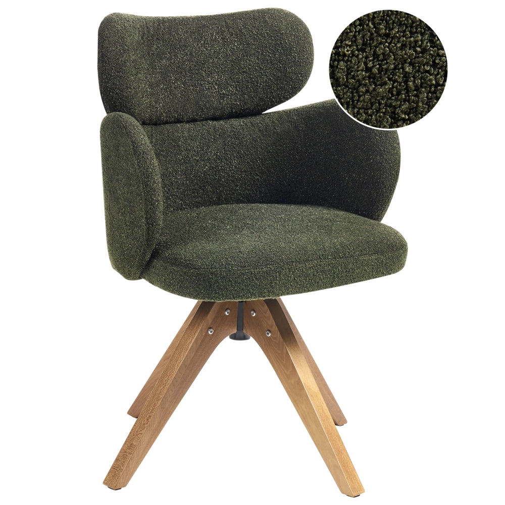 Sedia da pranzo girevole con schienale curvo in boucle verde stile scandinavo