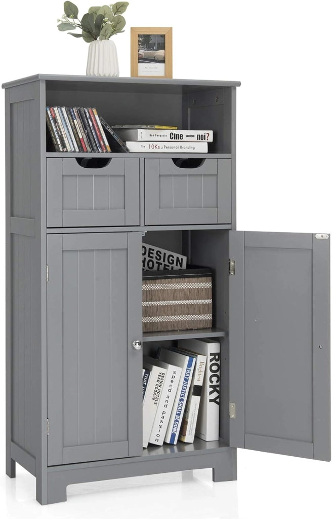 Mobile da Bagno con 2 Cassetti e 2 Armadi a Porta, 60 x 30 x 109 cm, Armadietto da Terra Autoportante in MDF, Armadio d’Archivio per Soggiorno, WC, Camera da Letto, Cucina (Grigio)