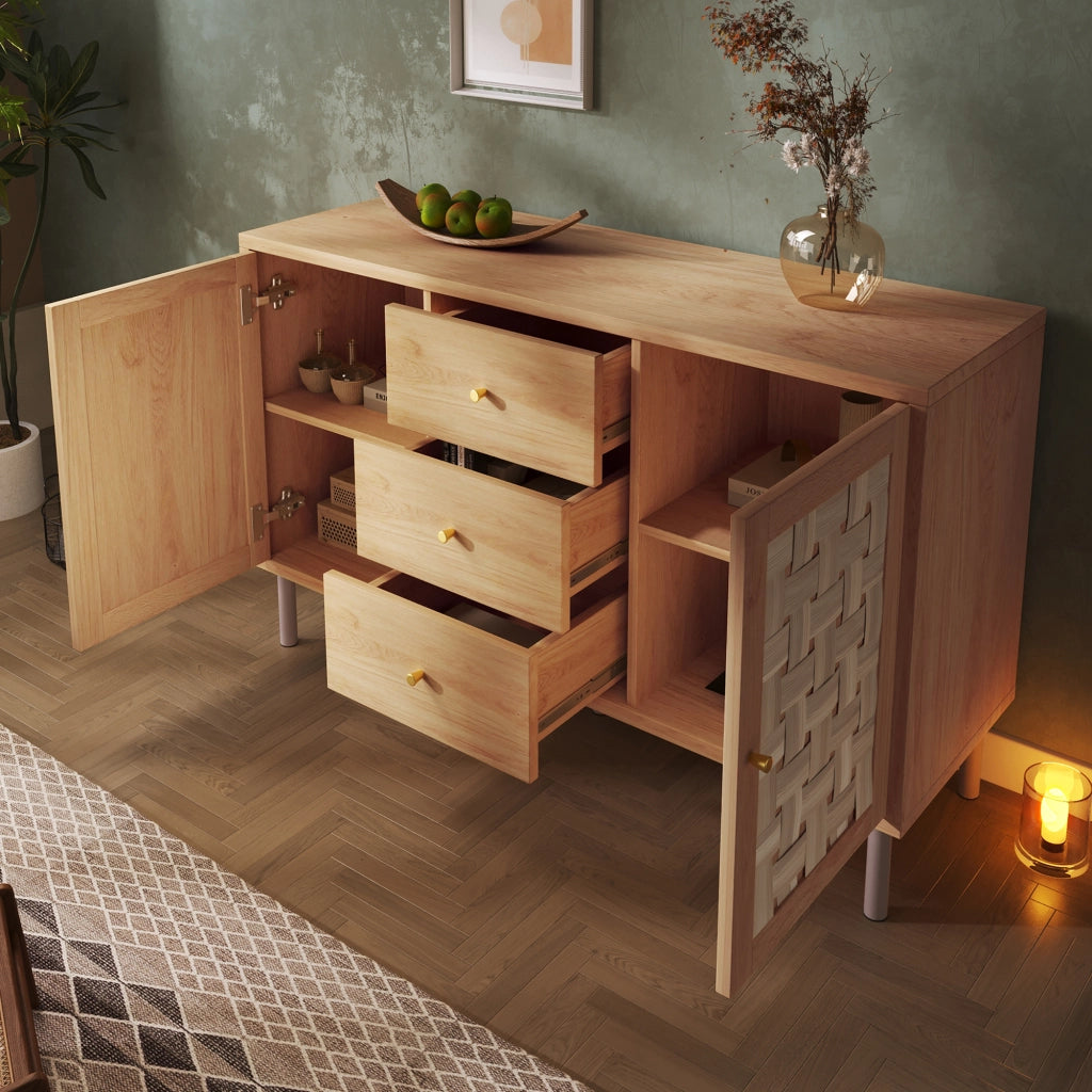 Credenza in stile country 120x40x75 cm rovere con 2 ante, 3 cassetti e ripiani regolabili