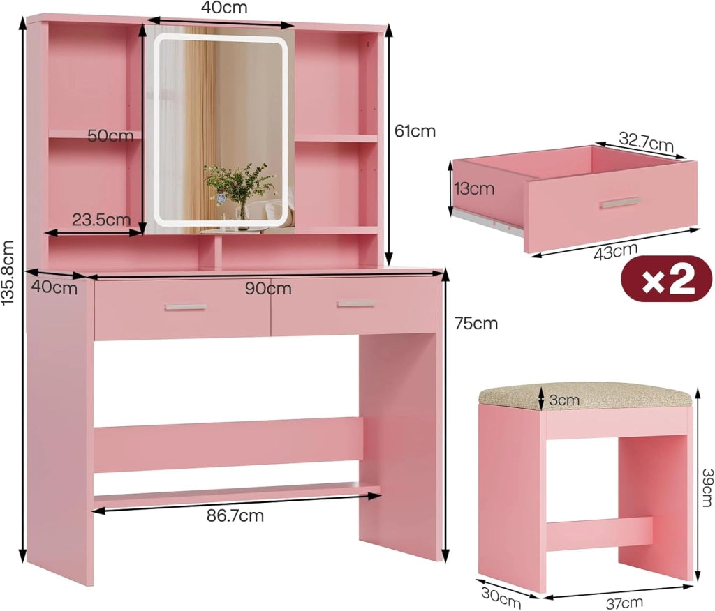 Toeletta da Trucco con Luci LED,Tavolo da Trucco con Sgabello, Postazione Trucco con Specchio,Scomparti Aperti, Ripiani Regolabili,Moderno,per Camera da Letto,Rosa