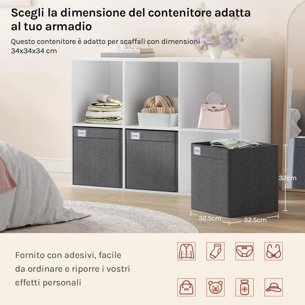 Cubi di Conservazione in Tessuto 5 Pezzi, Scatole Pieghevoli con Maniglie e Portaetichette, Organizer per Ripiani, Grigio Scuro, 32,5x32,5x32cm