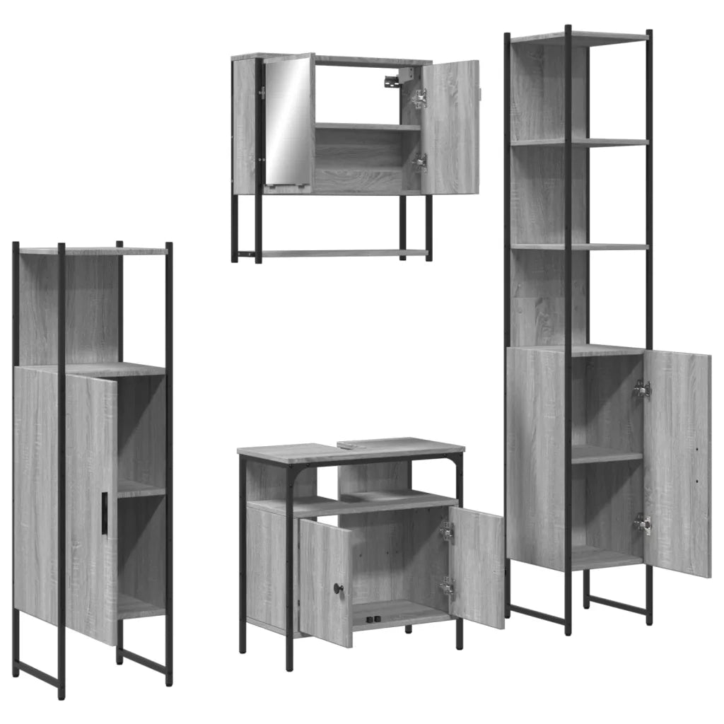 Set Mobili da Bagno | Armadio da bagno 4 pz Grigio Sonoma in Legno Multistrato