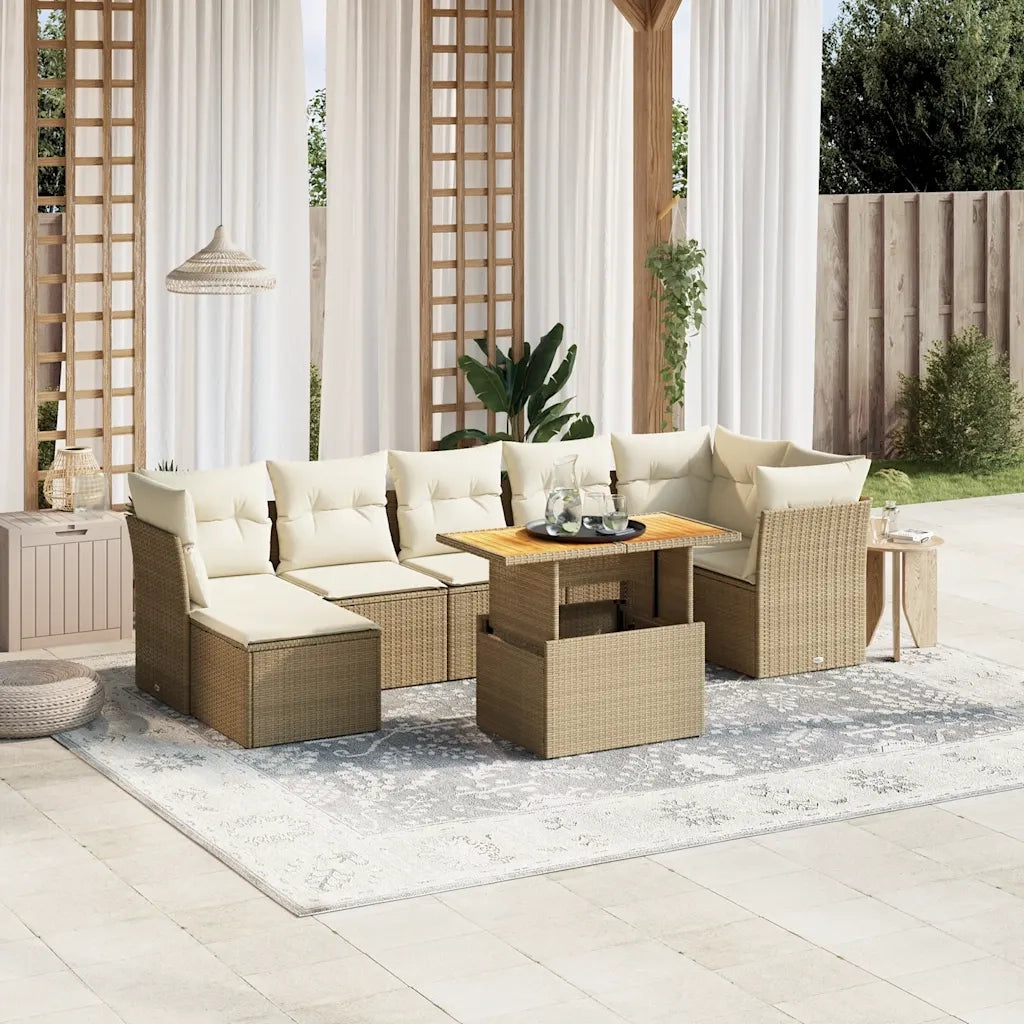 Set Divano da Giardino 8 pz con Cuscini Beige in Polyrattan