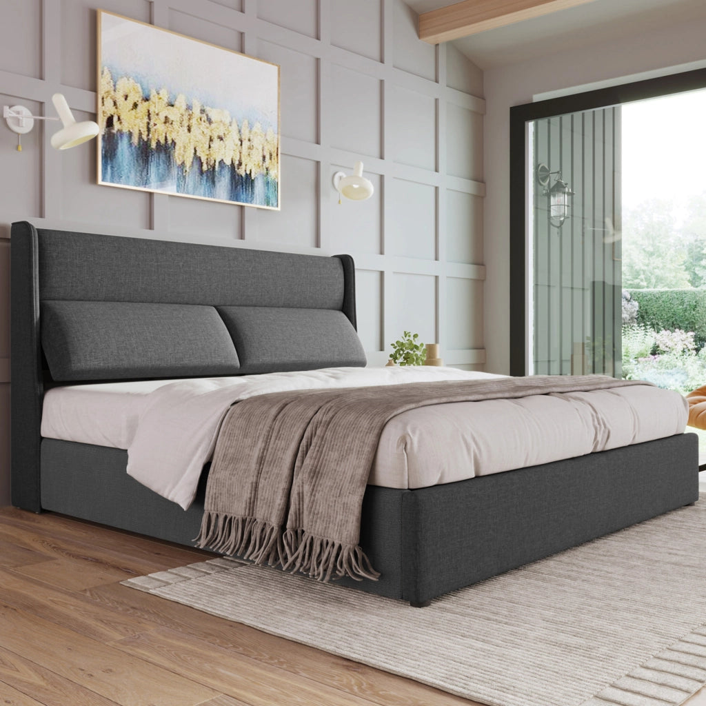 Letto matrimoniale 160x200 cm con testiera regolabile; contenitore idraulico in lino grigio