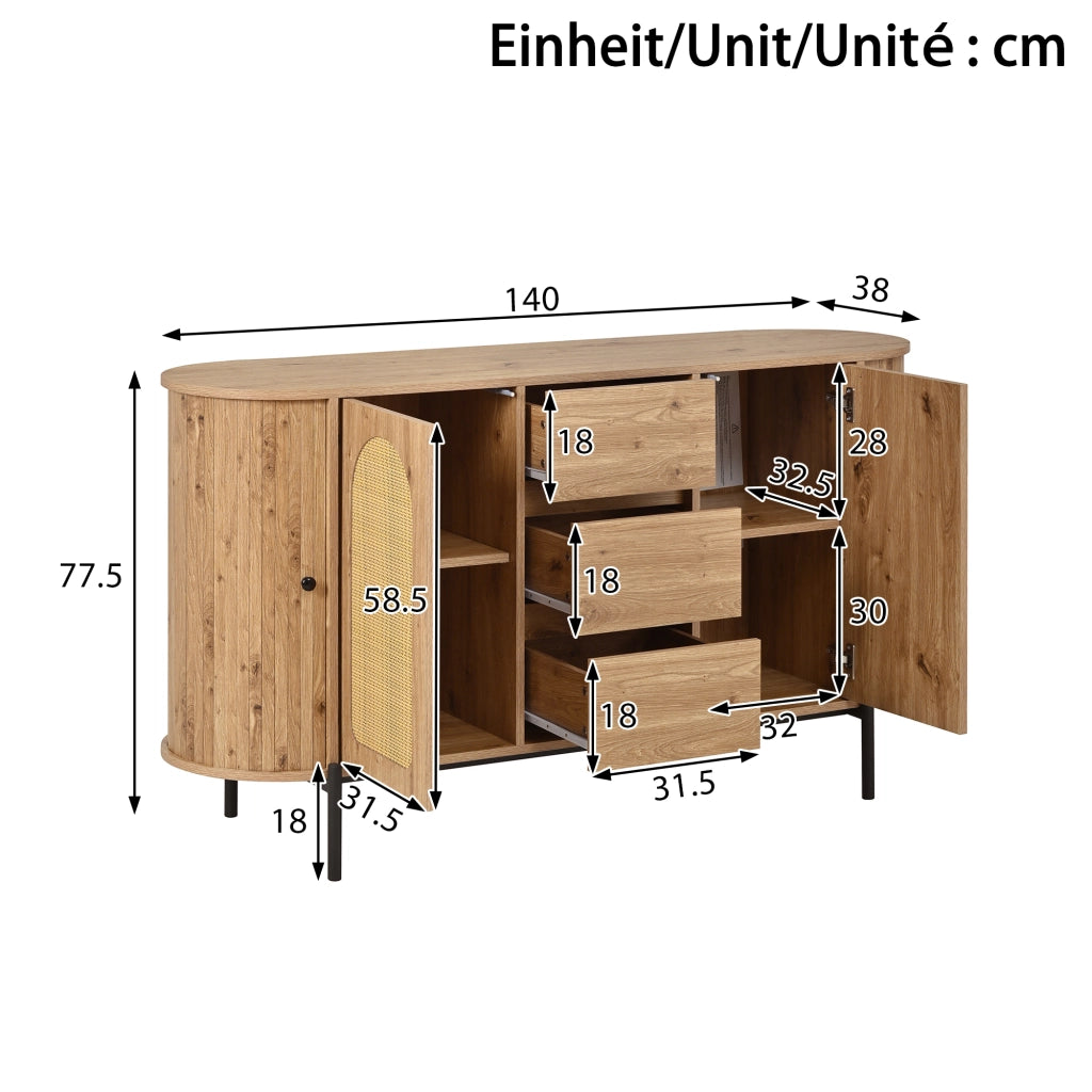 Credenza Ovale con Rattan ¨C Xylo ¨C Ante Scorrevoli, Cassetti, Ripiani, Effetto Legno, Gambe in Metallo