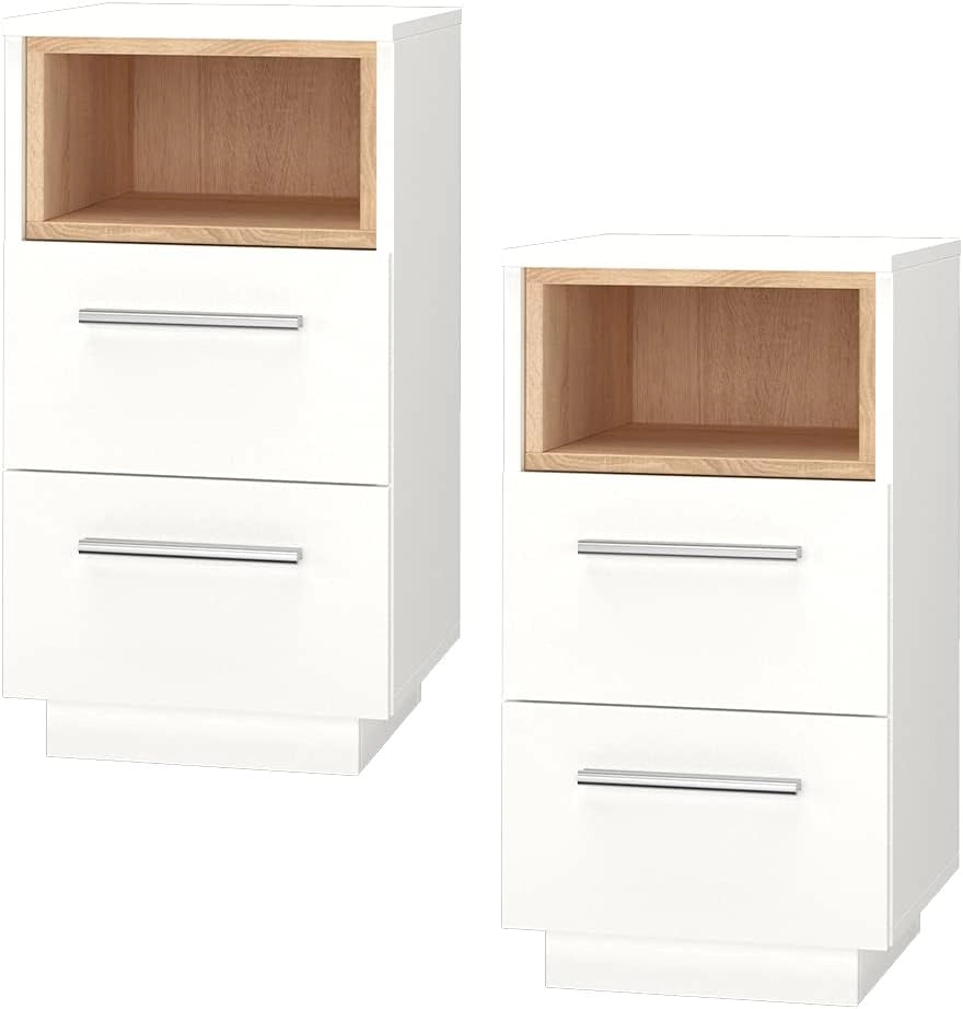 Comodini camera da letto Beatrice, Bianco, Set di 2, per riporre oggetti in modo salvaspazio accanto al letto