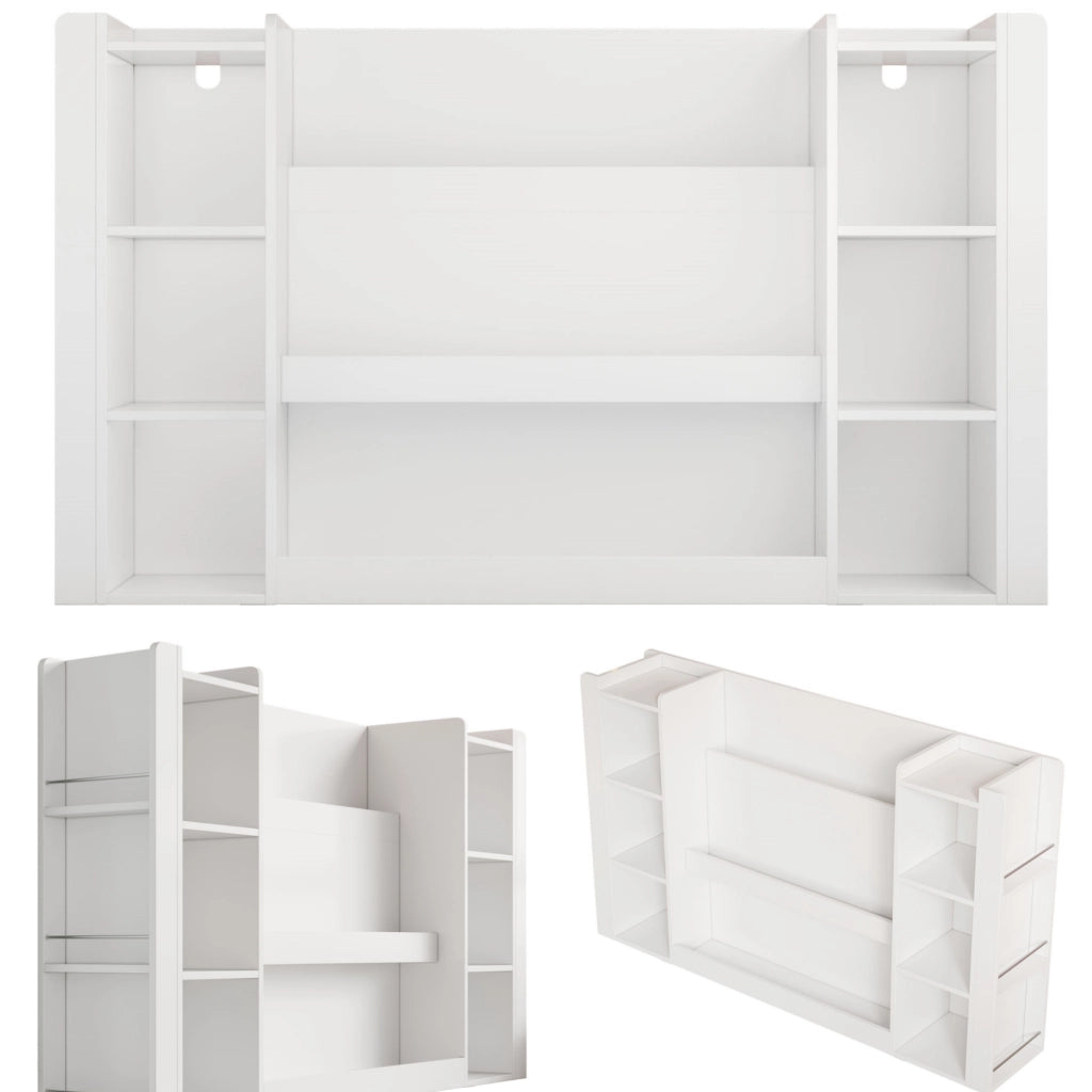 Libreria per bambini con contenitori, scaffale porta libri e giochi, mobile in MDF bianco 140 x 30 x 95 cm