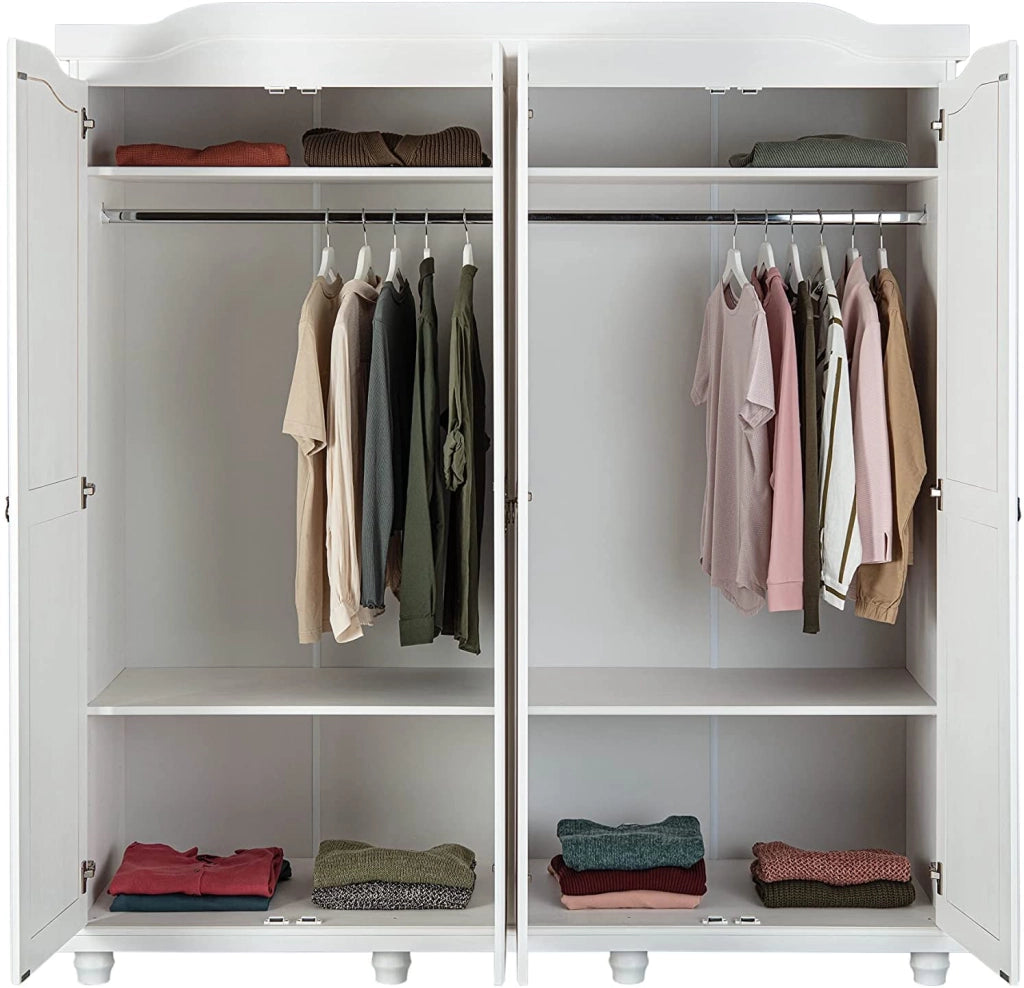 ARMADIO ISNY 4 ANTE CON RIPIANI 182x60x198H PINO MASSELLO VERNICIATO AD ACQUA BIANCO