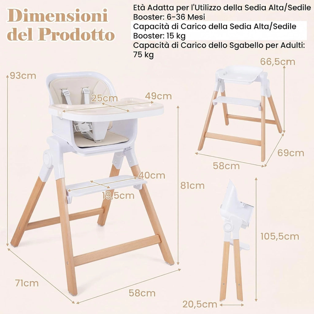 Seggiolone Pappa Pieghevole 4 in 1 con Cuscino di Seduta (Beige) | Seggiolone per Neonati 6-36 Mesi con Vassoi Rimovibili, Portabicchieri, Cintura di Sicurezza e Gambe in Legno