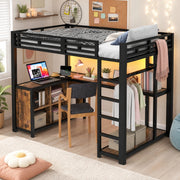 Letto a soppalco 140x200 cm con scrivania; LED e vano armadio in metallo e MDF nero
