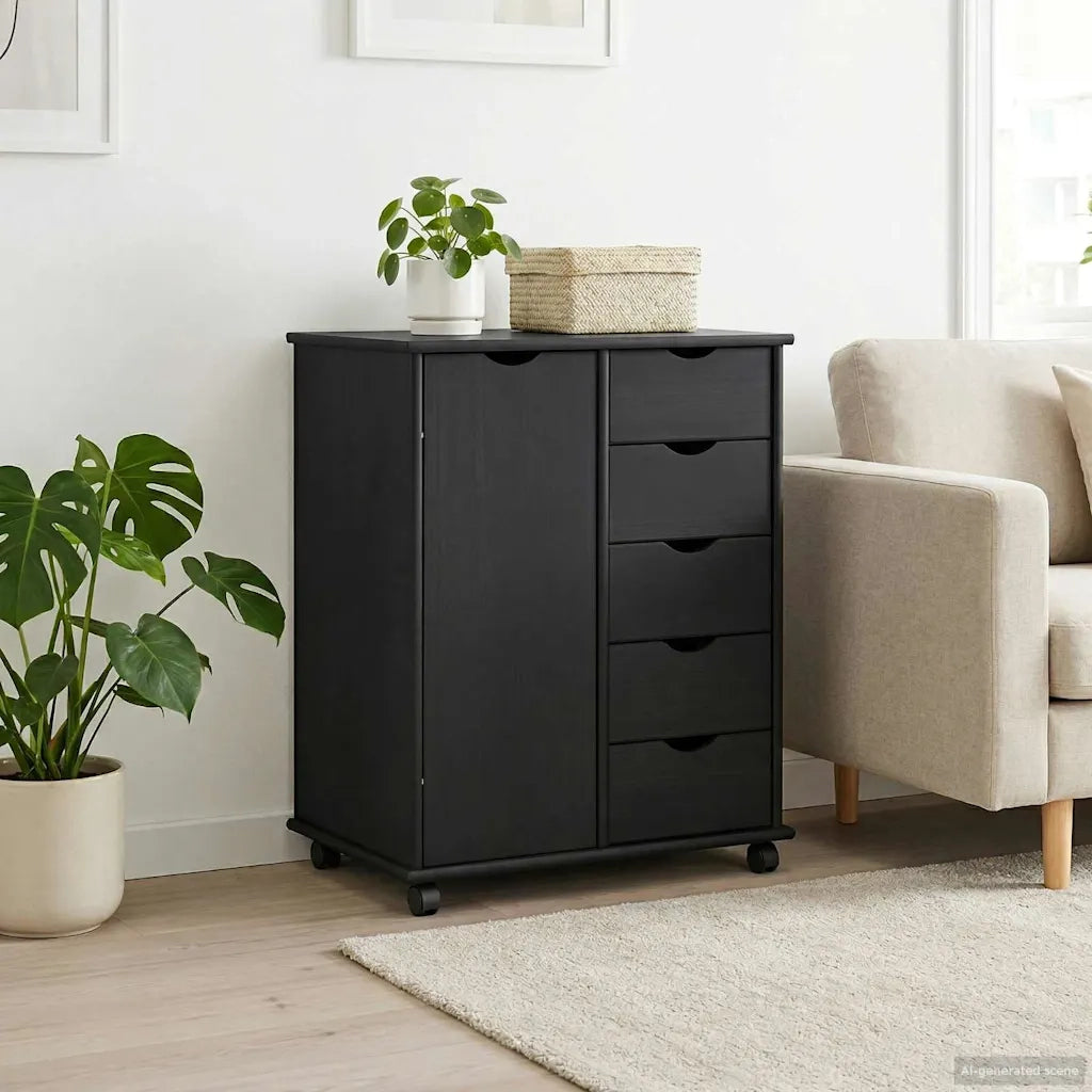 Mobile con Ruote Nero 63,5 x 39 x 79 cm Legno di Pino Massello 42028363