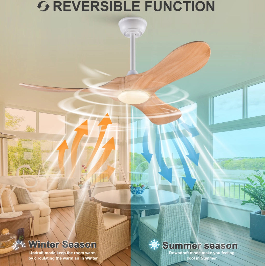 Ventilatore a soffitto 42" con luce LED e telecomando, legno massello naturale e bianco