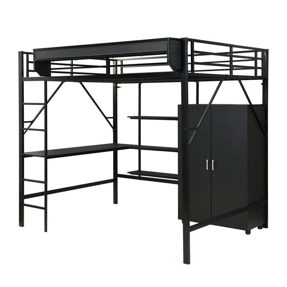Letto a Soppalco con Scrivania e Armadio ¨C MINIMAL ¨C Ferro e MDF, Nero, 140x200