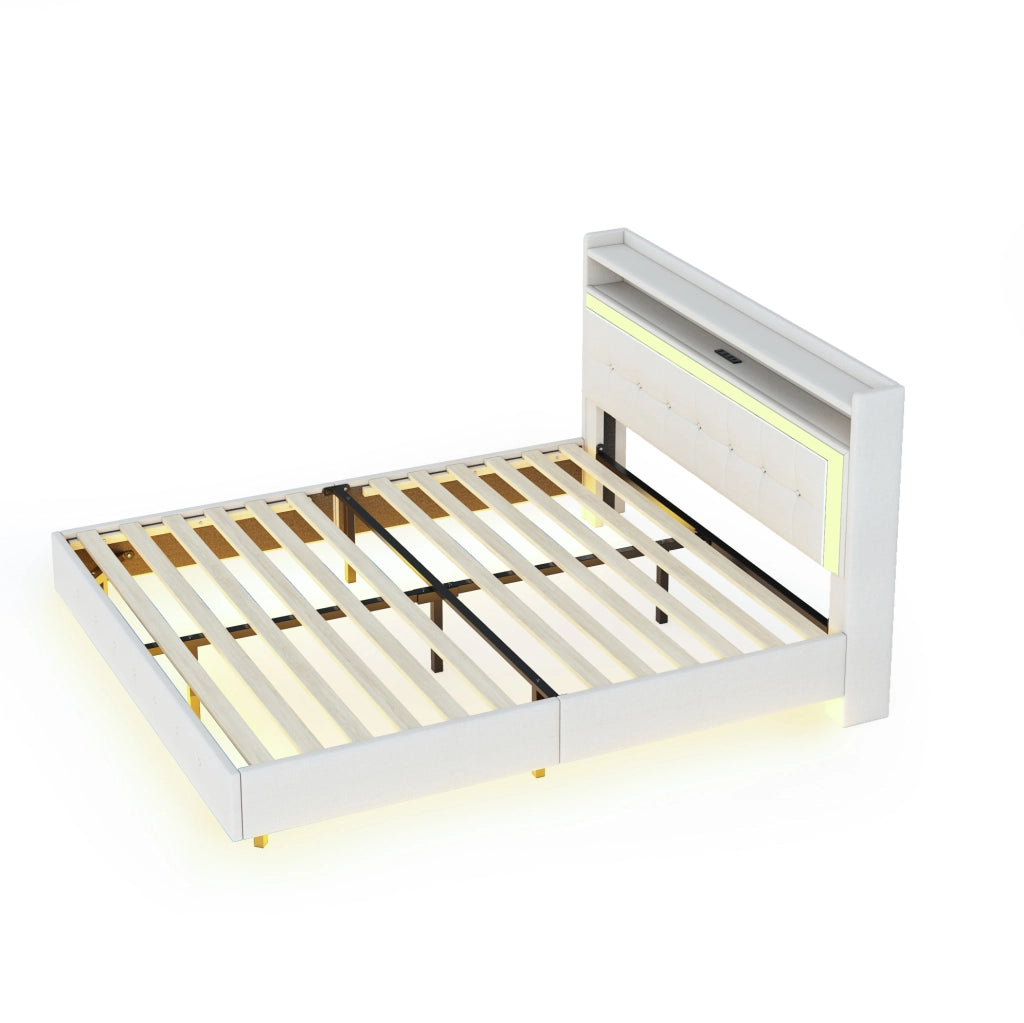Letto imbottito 140x200 cm; USB e LED; tessuto di lino; beige (Senza materasso)