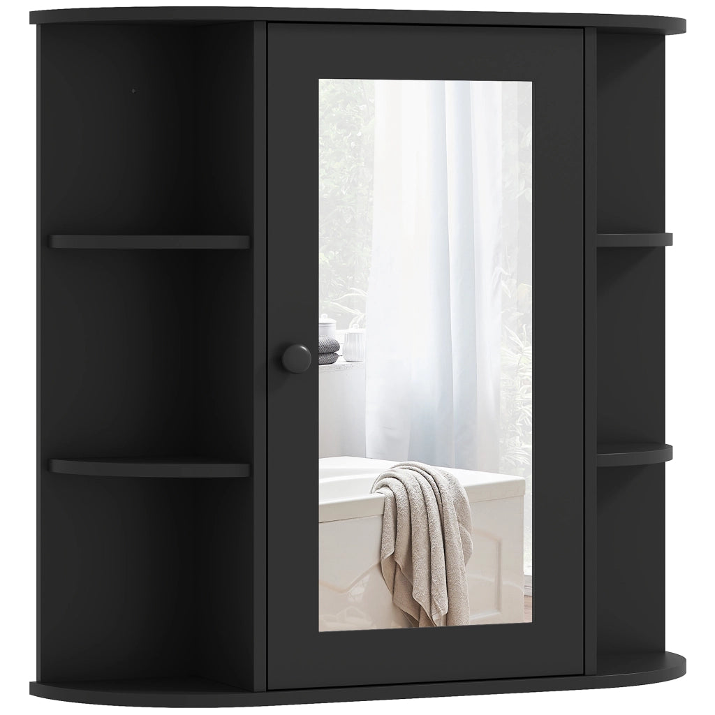 Specchiera Bagno con Ripiani Aperti e Chiusi ¨C zephmum ¨C Legno Vetro Nero 66x17x63 cm