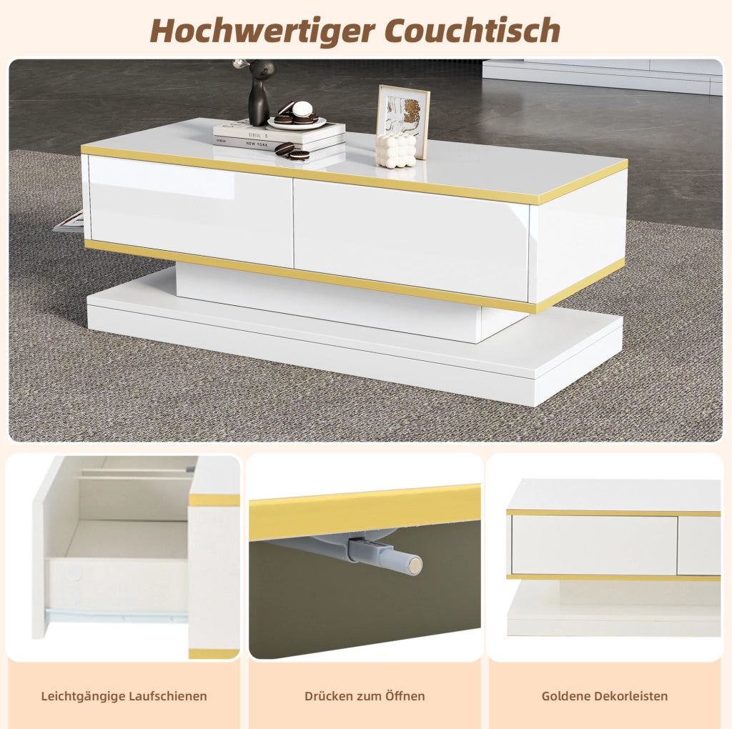 Tavolino da caffè 100x50x38 cm con 2 cassetti; finitura lucida; truciolare; bianco caldo e oro