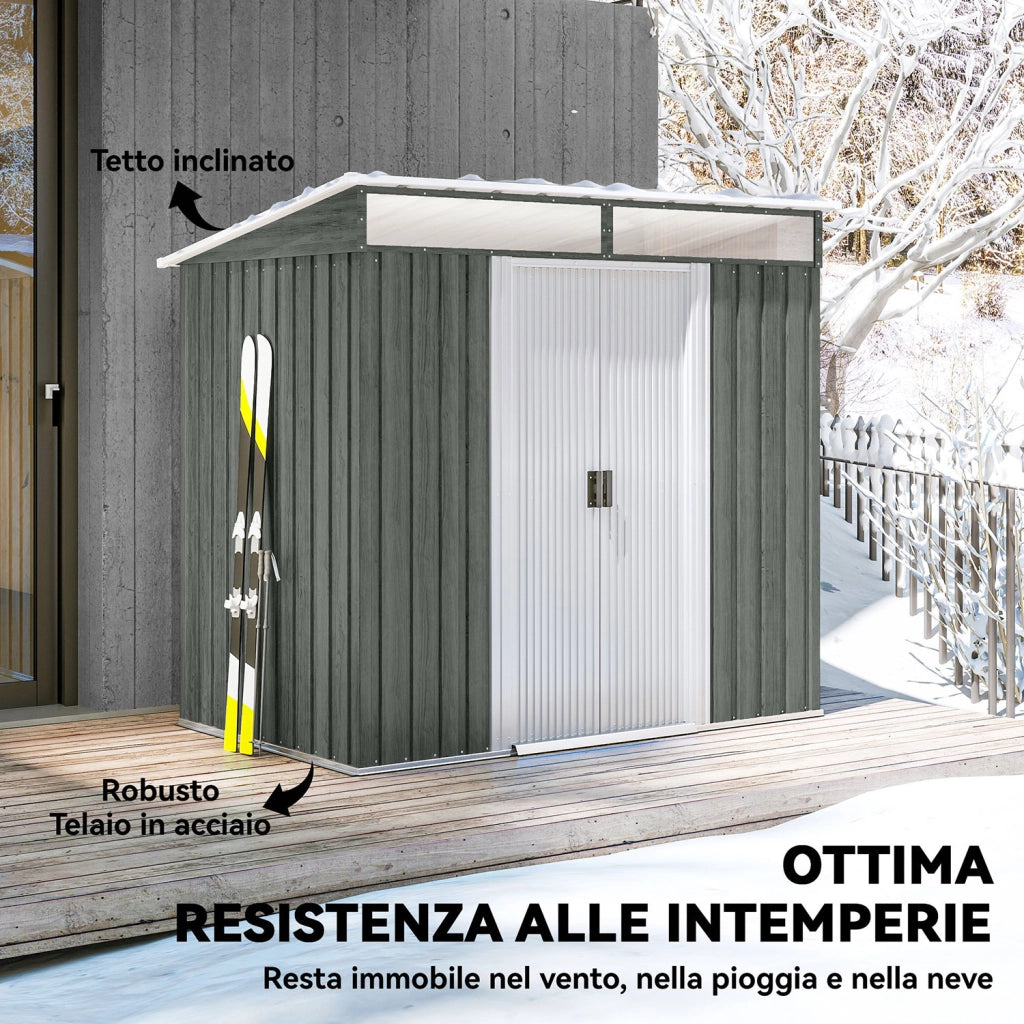 Casetta Box da Giardino 195x122x181,5 cm con Porte Scorrevoli e Pavimentazione in Acciaio Grigio Chiaro