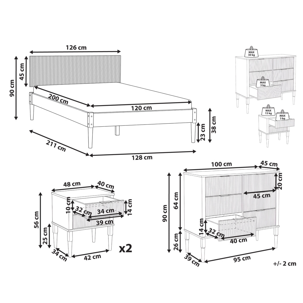 Set da camera da letto in legno di pino letto matrimoniale con 2 comodini e cassettiera a 6 cassetti 120 x 200 cm marrone chiaro stile scandinavo