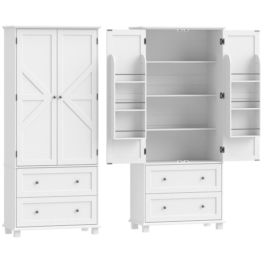 Credenza alta da cucina con 2 ante, 2 cassetti, 6 vani e ripiani regolabili, per cucina e sala da pranzo, bianco