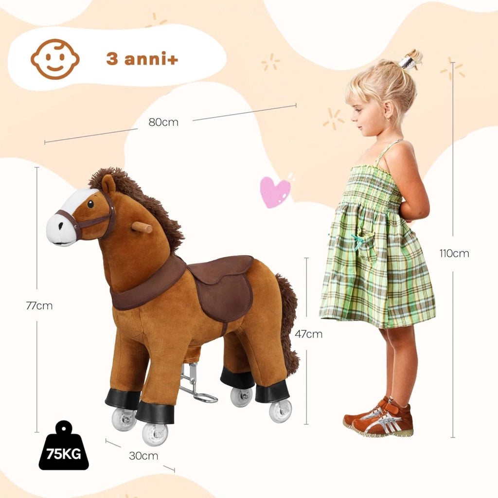 Cavallo a Dondolo su Ruote per Bambini, Cavalluccio Cavalcabile in Peluche con Suoni, per Interni ed Esterni, Giocattolo da 3 Anni, Struttura in Legno e Metallo, Marrone