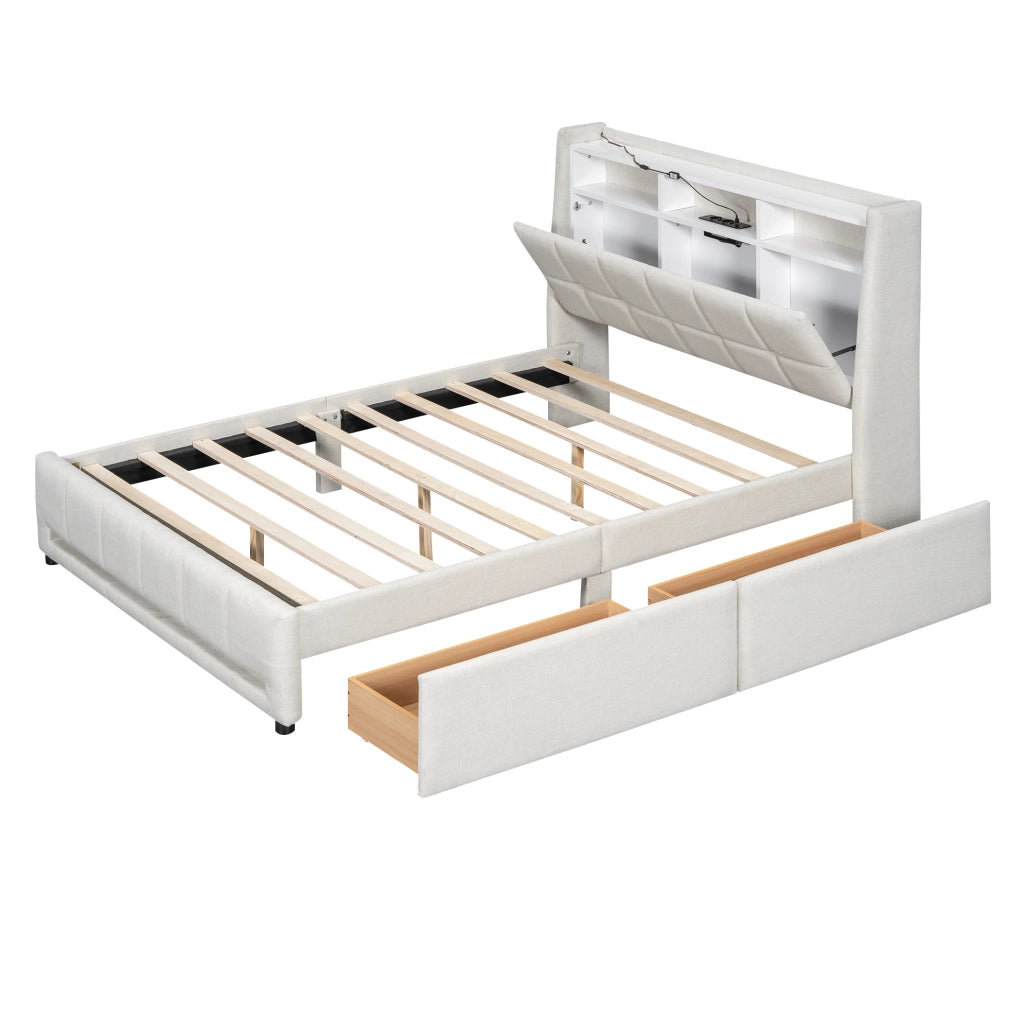 Letto contenitore 140x200 cm con LED; USB e 2 cassetti; lino e MDF beige