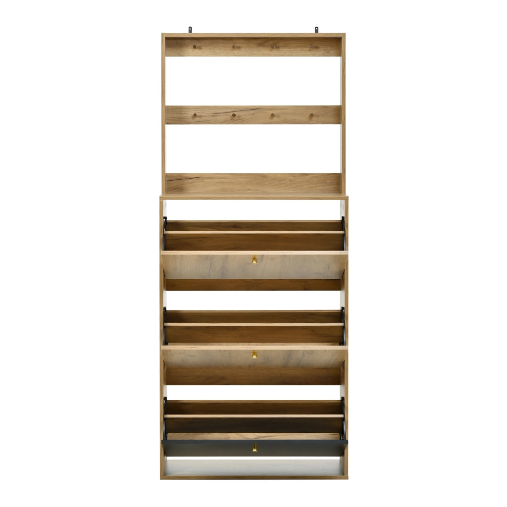 Scarpiera, mobile da ingresso con ganci, 75 x 180 x 24 cm, color legno naturale e nero