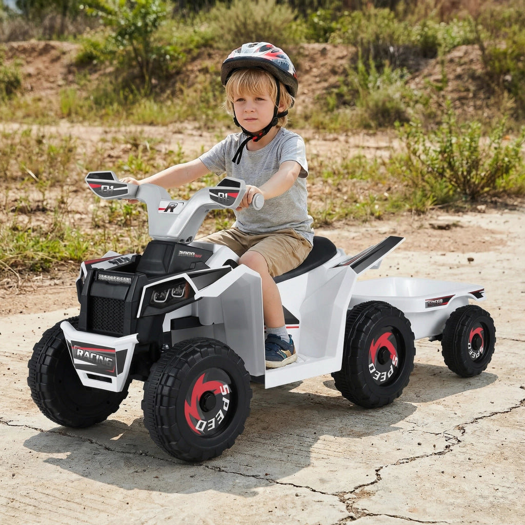 Quad atv elettrico bambini rimorchio posteriore ruote antiusura motore-Quad giocattolo interruttore un tocco veicolo per bambini 3+ anni Bianco