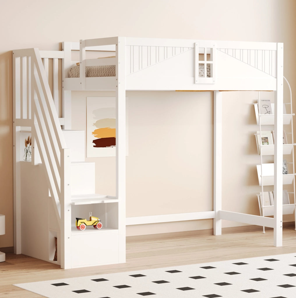 Letto a soppalco 90x200 cm con scala reversibile e ripiani in pino; MDF e compensato; bianco