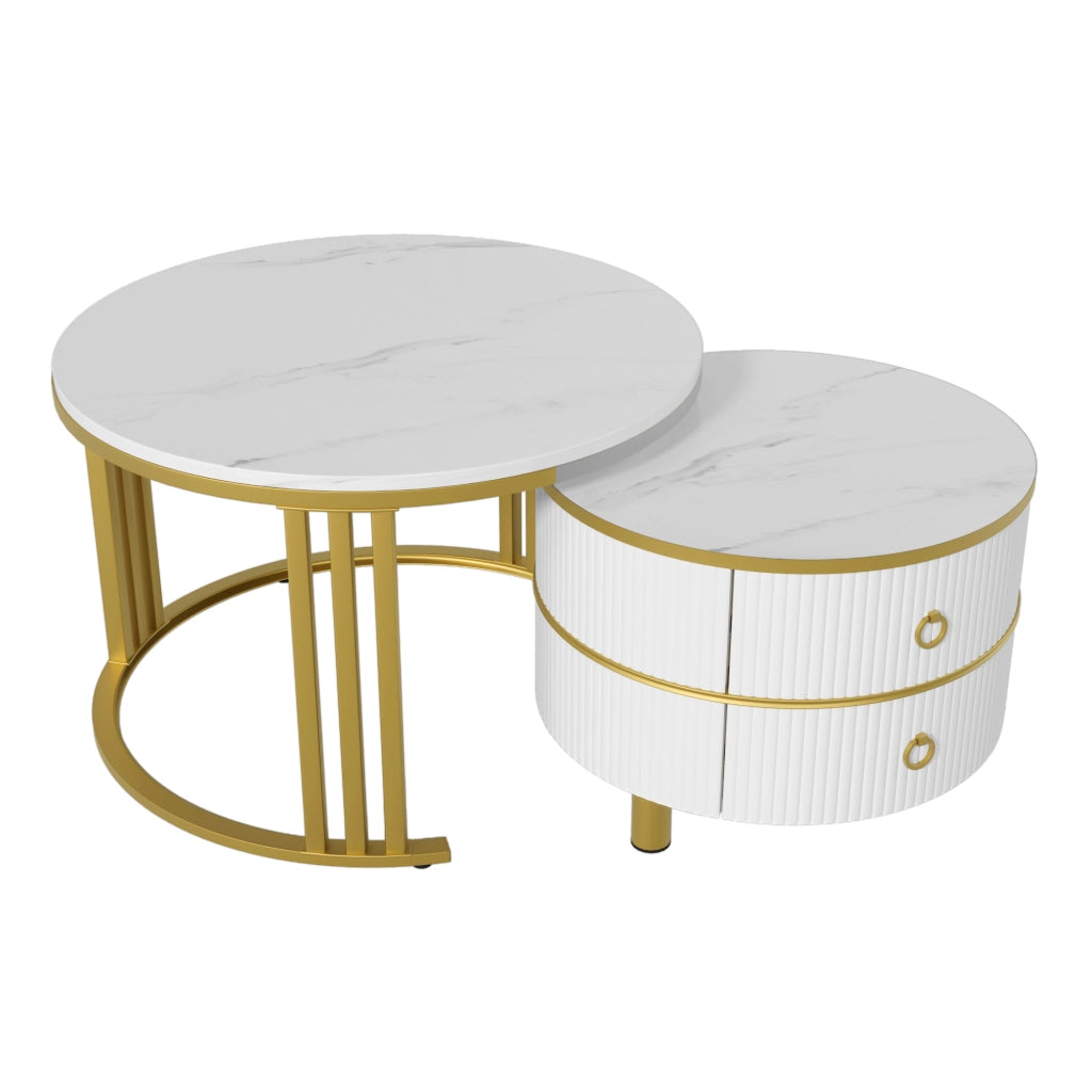 OKWISH Tavolini da Salotto Impilabili Rotondi con 2 Cassetti, Piano Lucido Effetto Marmo, per Soggiorno, MDF, Bianco