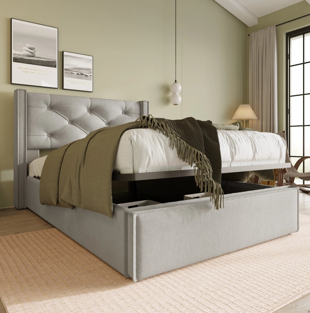 Letto imbottito con contenitore e rete alzabile; materasso 90x200 cm; cotone; grigio chiaro