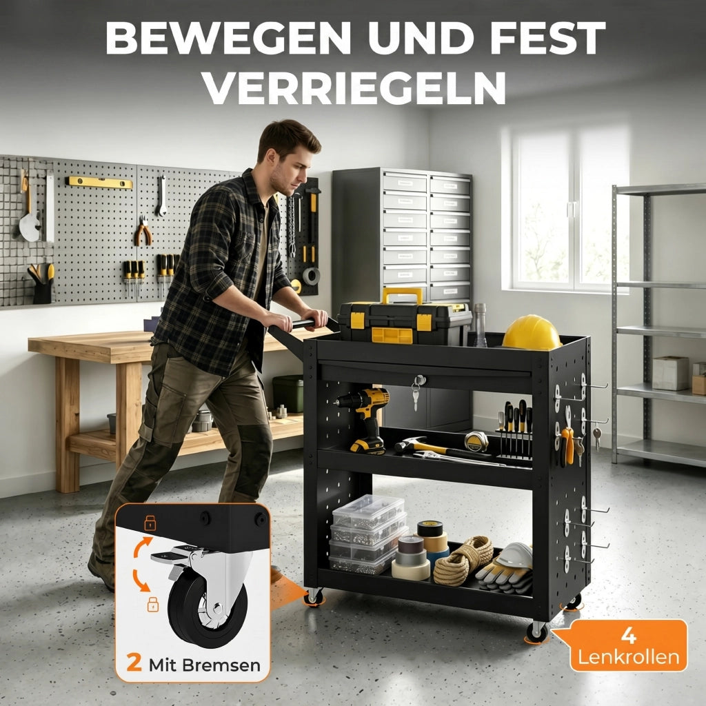 Carrello utensili 3 livelli con cassetto e pannello forato ¨C zephmum ¨C Nero