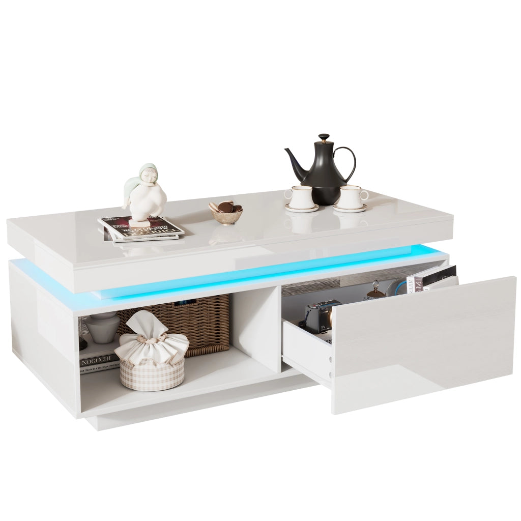 Tavolino da caffè con 1 Cassetto e LED; Finitura Laccata Lucida; in Pannelli Truciolari; 100×50×40;3 cm; Bianco