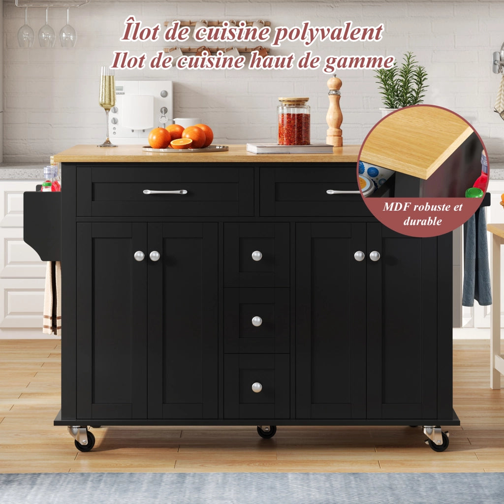 Carrello da Cucina con 5 Cassetti; 2 Armadietti; Piano Pieghevole e Ruote; MDF; Nero Naturale; 140 x 40 x 89 cm