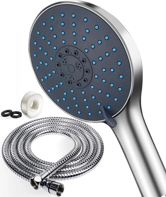 Douchekop grande per docce - Maniglia da docce con tubo in acciaio inox - Efficace nel risparmio d'acqua e aumento della pressione - Cromato - Douchekop universale - 7 modalità doccia