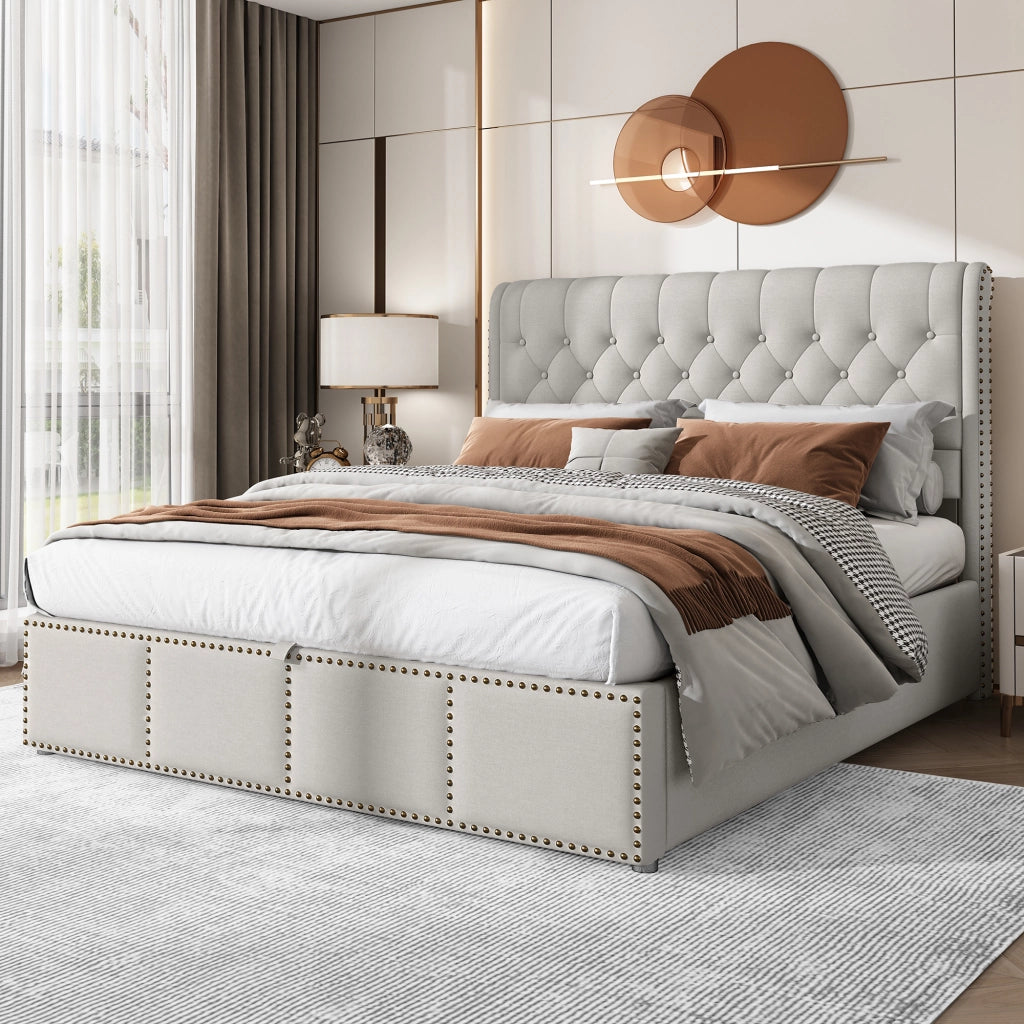 Letti contenitori 140x200 cm; testiera morbida con rivetti; lino; grigio (Senza materasso)