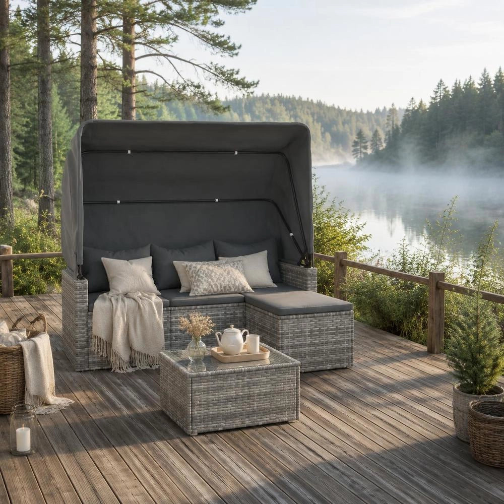 3-seater Garden Sofa With Roof And Footstool Grey Poly Rattan