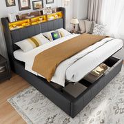 Letto imbottito 160x200 cm grigio con LED; USB; porta Type-C e contenitore idraulico