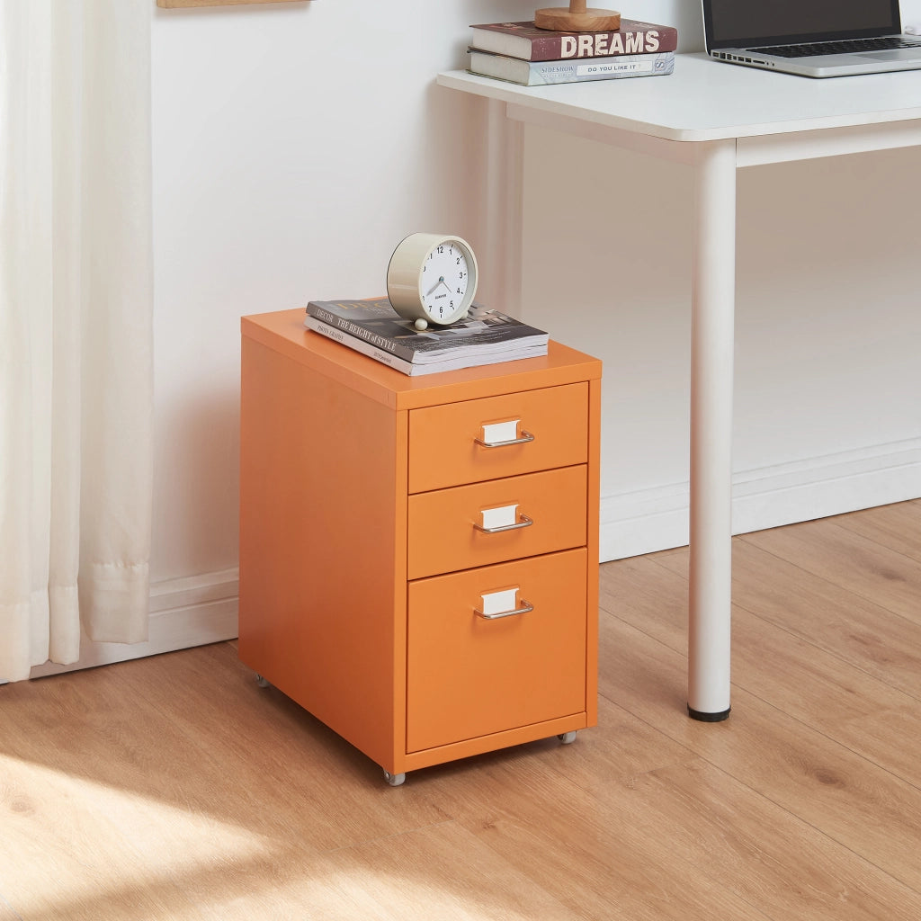 Cassettiera Kökar in Acciaio Mobile Archivio con 3 Cassetti e Rotelle - Arancione [en.casa]