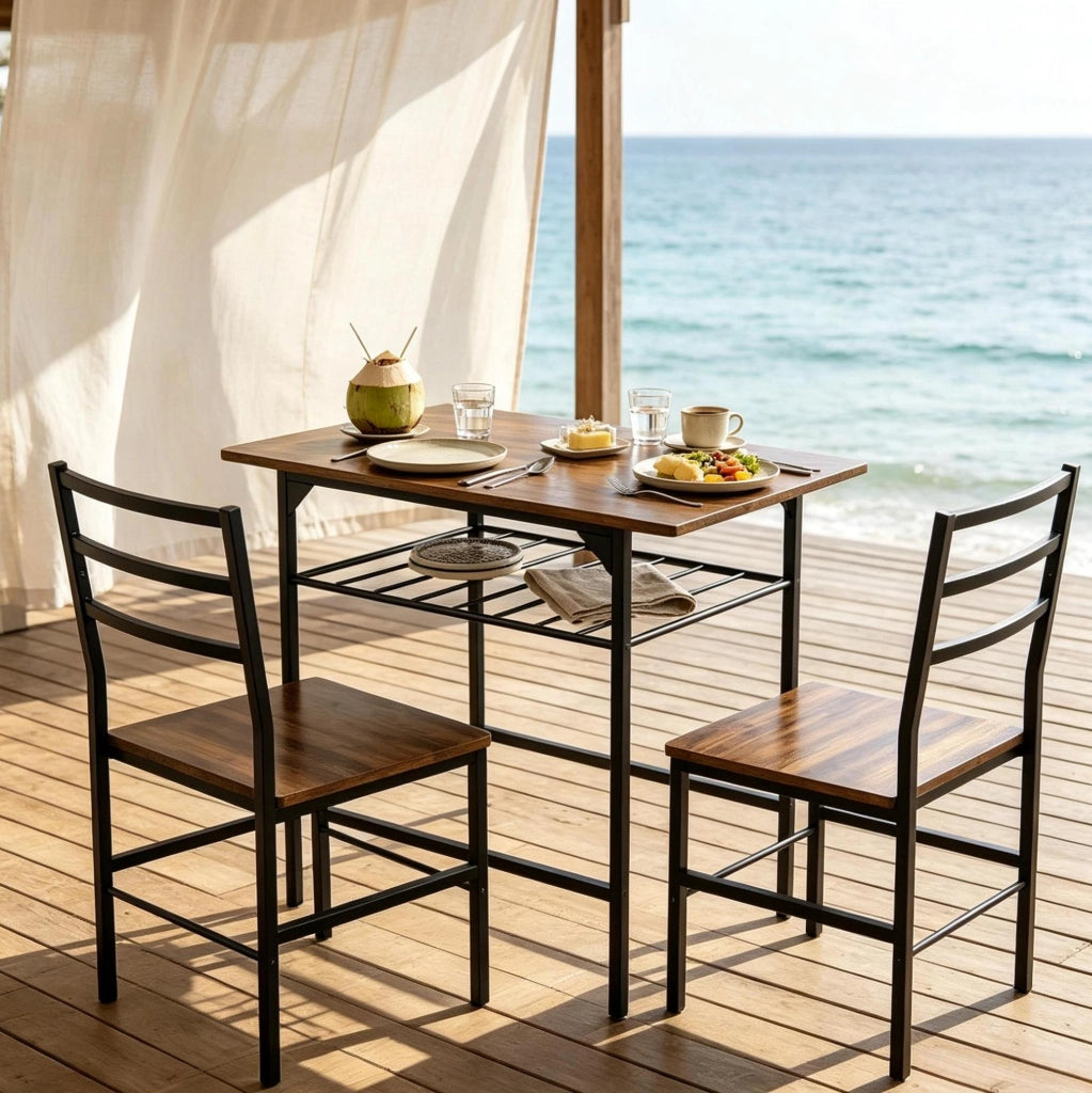 Set tavolo da pranzo ULEVR 80x50 cm con 2 sedie e ripiano, metallo e pannello truciolare marrone rustico e nero