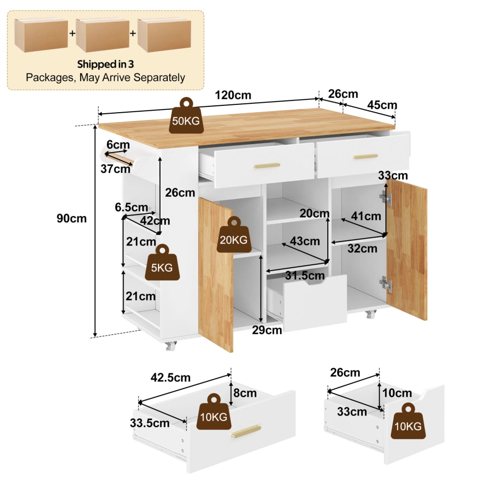 Isola da cucina con piano ribaltabile 120x45(71)x90 cm in MDF bianco