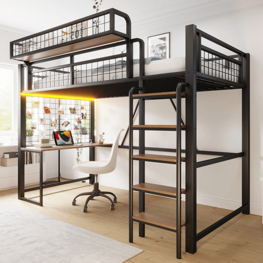 Letto a soppalco 90 × 200 cm con scrivania, rete portaoggetti, LED e presa, senza materasso, in metallo, nero