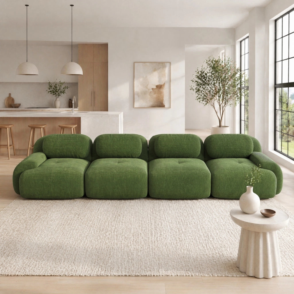 Divano angolare modulare 4 posti 388x103x70 cm in tessuto velluto a coste verde