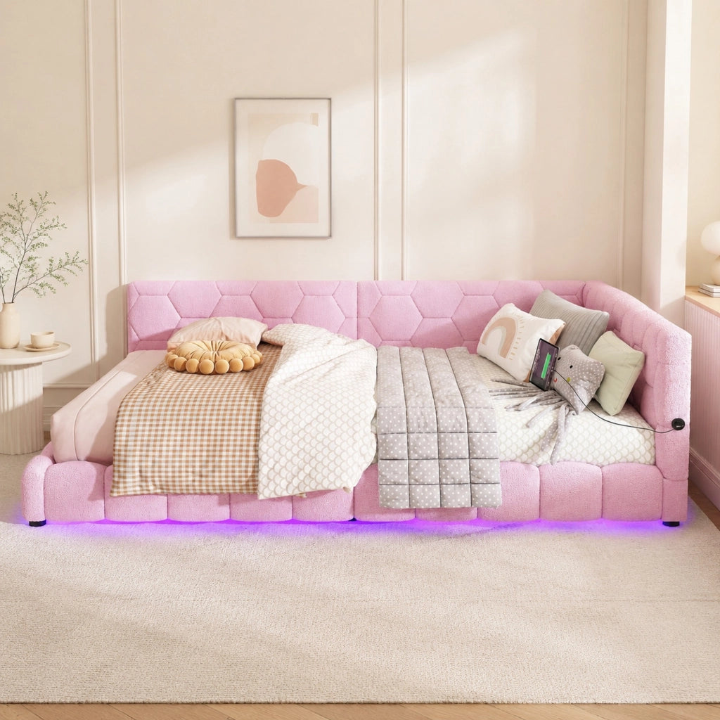 Daybed 140x200 cm rosa con LED, USB/Type-C e rete a doghe