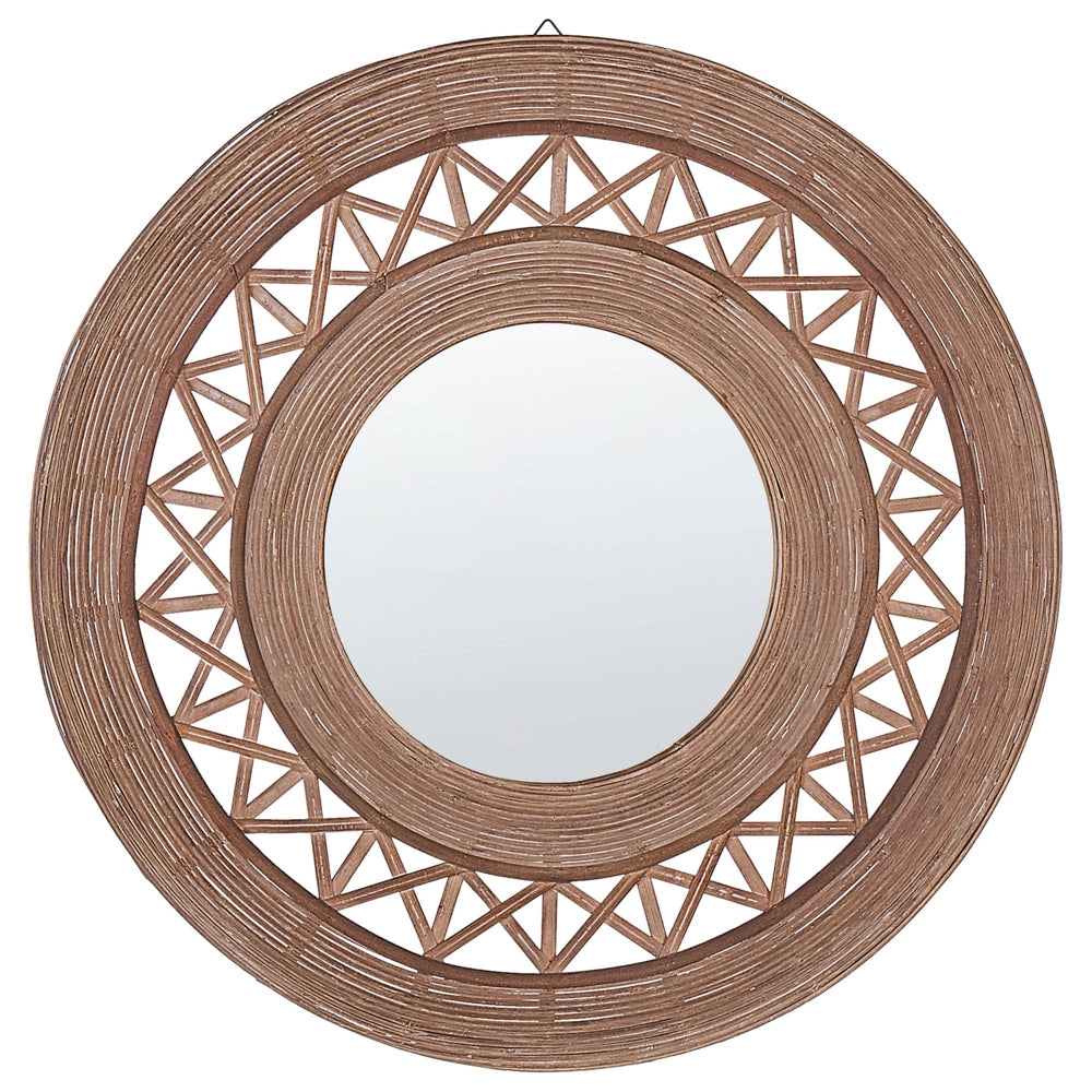 Specchio da parete in legno di bambù marrone chiaro rotondo 62 cm cornice fatta a mano motivo geometrico decorativo Boho rustico