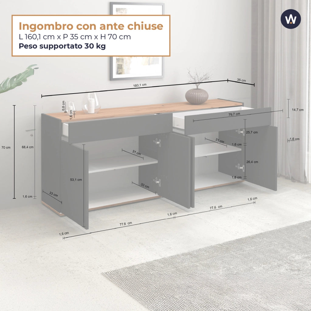 WHOUS Credenza Garda 4 ante e 2 cassetti antracite opaco e rovere 160,1x35x70 cm