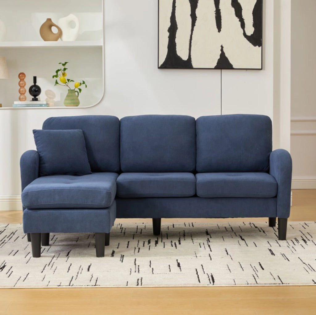 Divano angolare modulare con chaise longue reversibile 166 x 118 x 77 cm; in corduroy blu